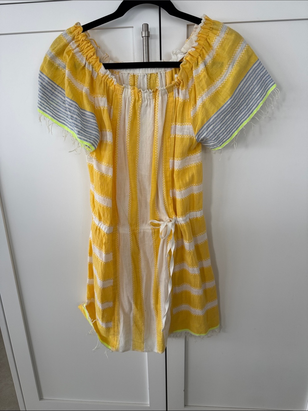 Lemlem Yellow White Striped Mini Dress with Gray Sleeves